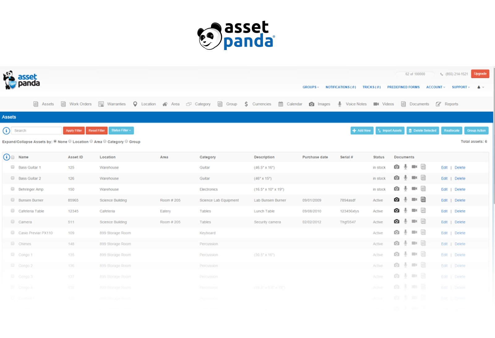 Ejemplo de interfaz de Asset Panda.