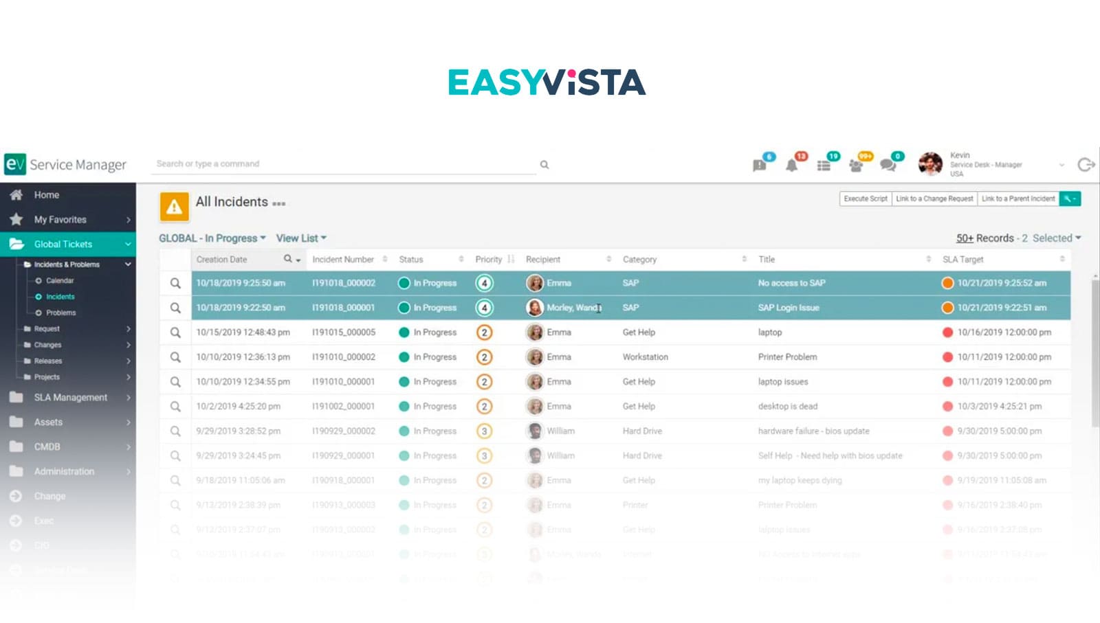 Ejemplo de interfaz de EasyVista.