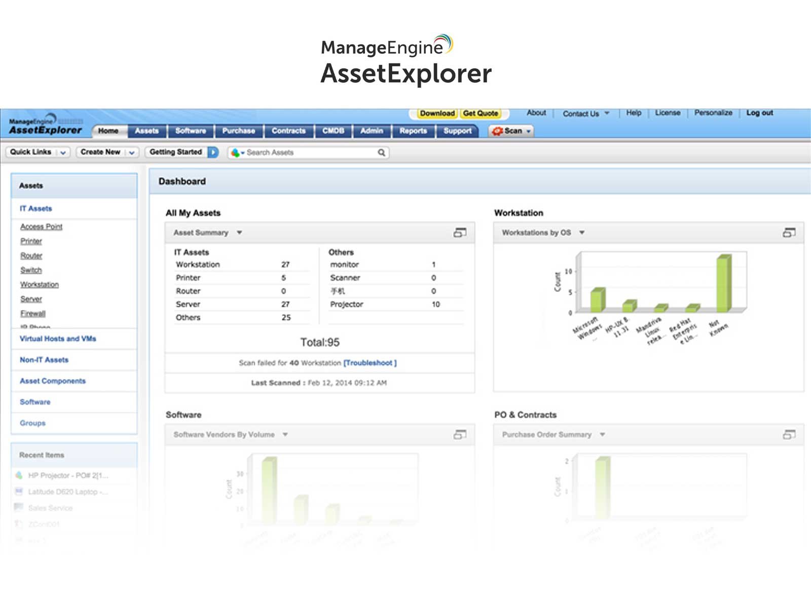 Ejemplo de interfaz de ManageEngine Asset Explorer.