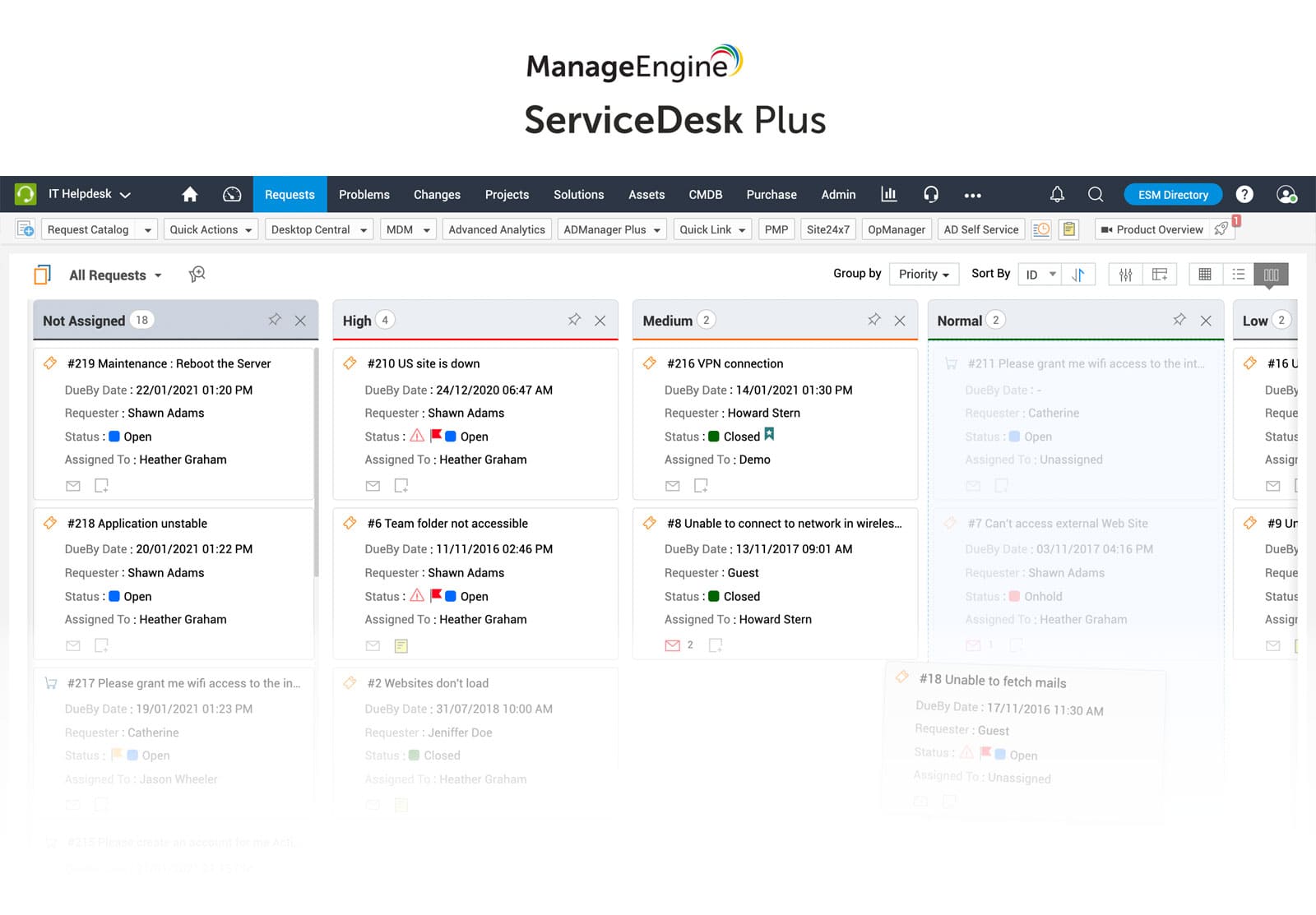 Ejemplo de interfaz de ManageEngine Service Desk Plus.