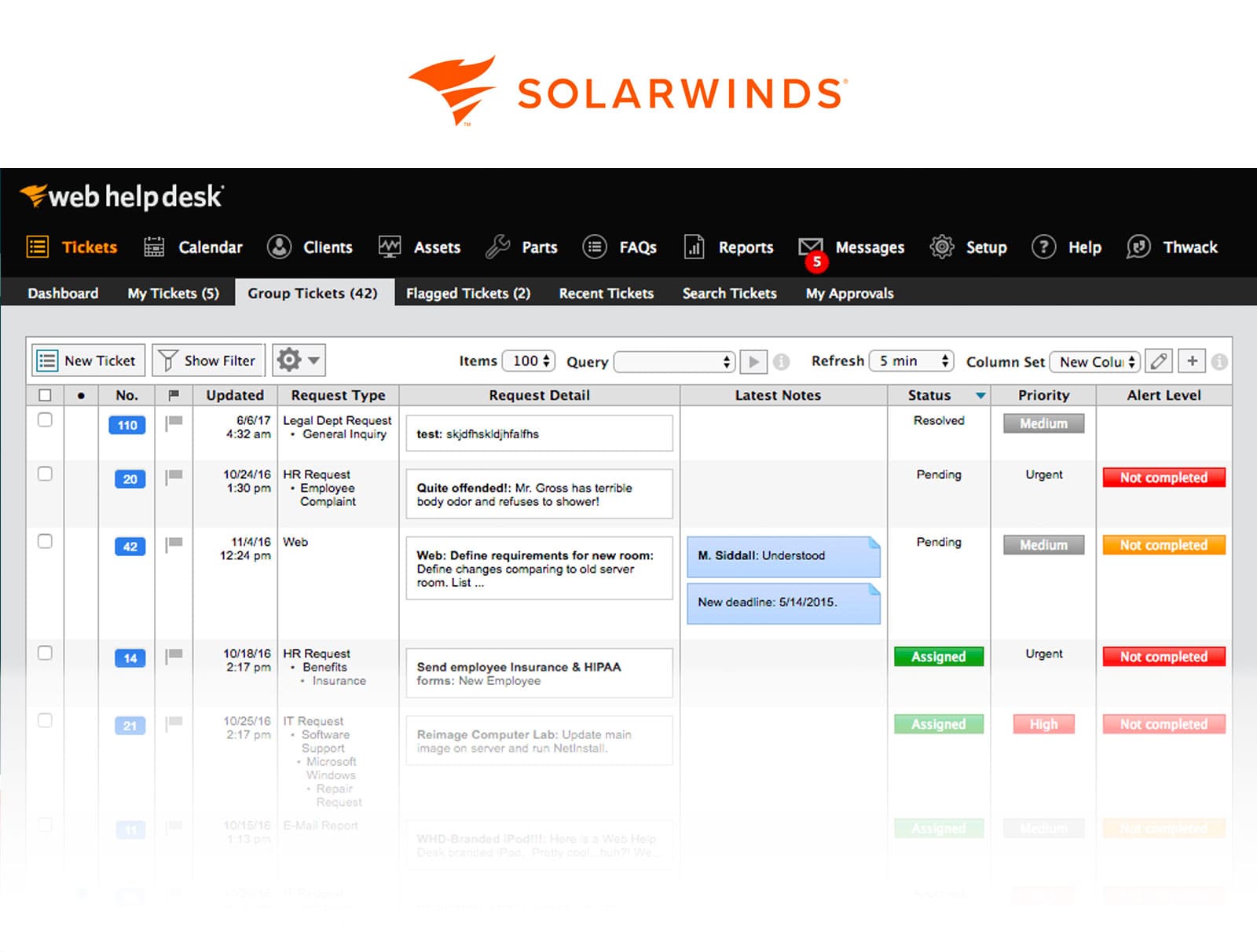 Ejemplo de interfaz de SolarWinds Web Helpdesk.