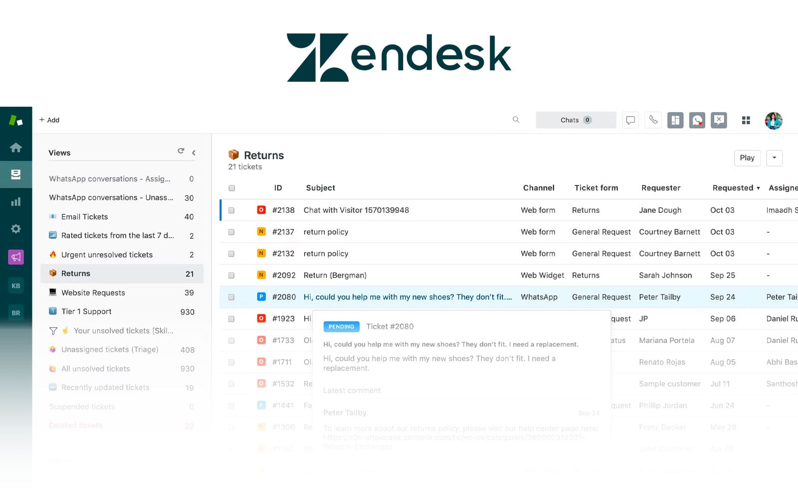 Ejemplo de interfaz de Zendesk.