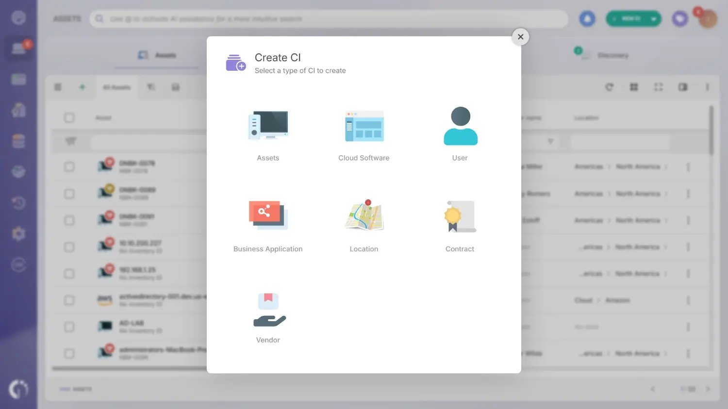 Creating assets in InvGate Asset Management.