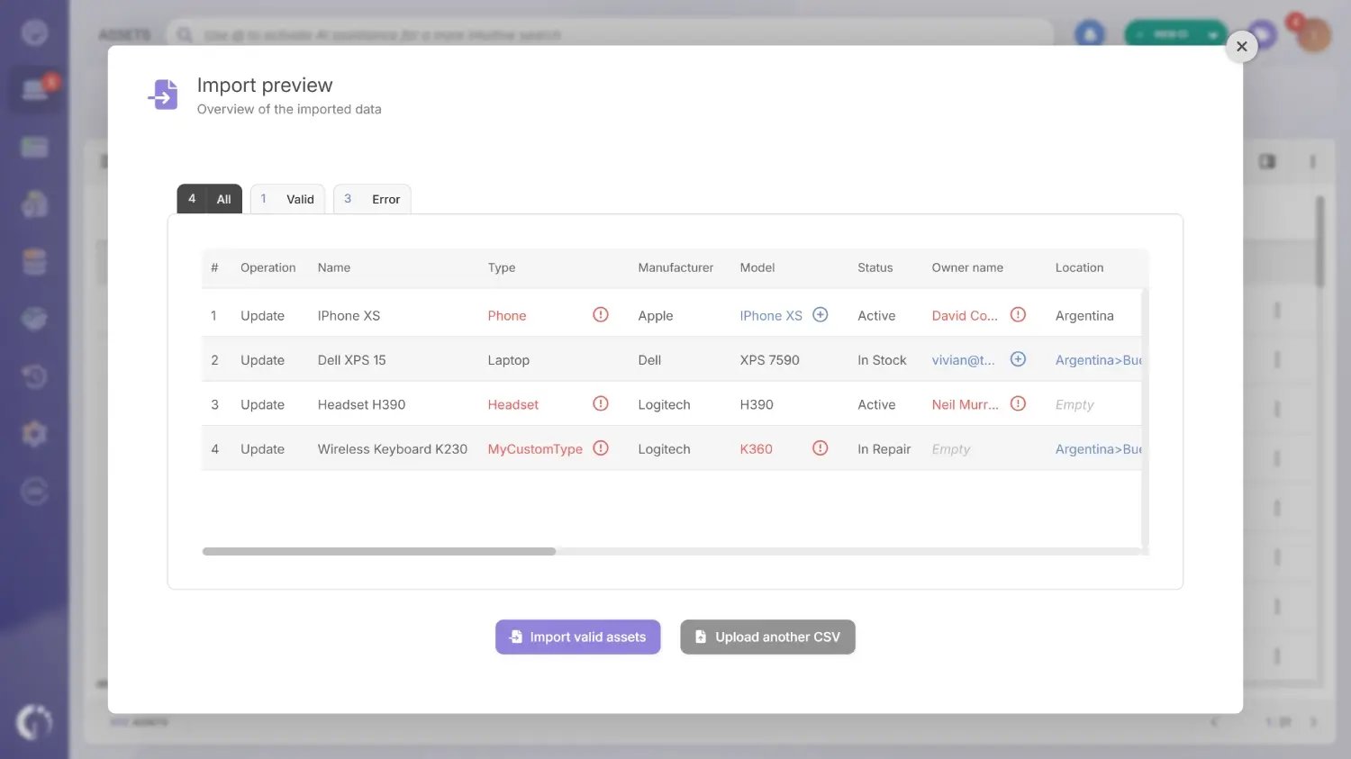Uploading a CSV file to create an inventory with nvGate Asset Management.