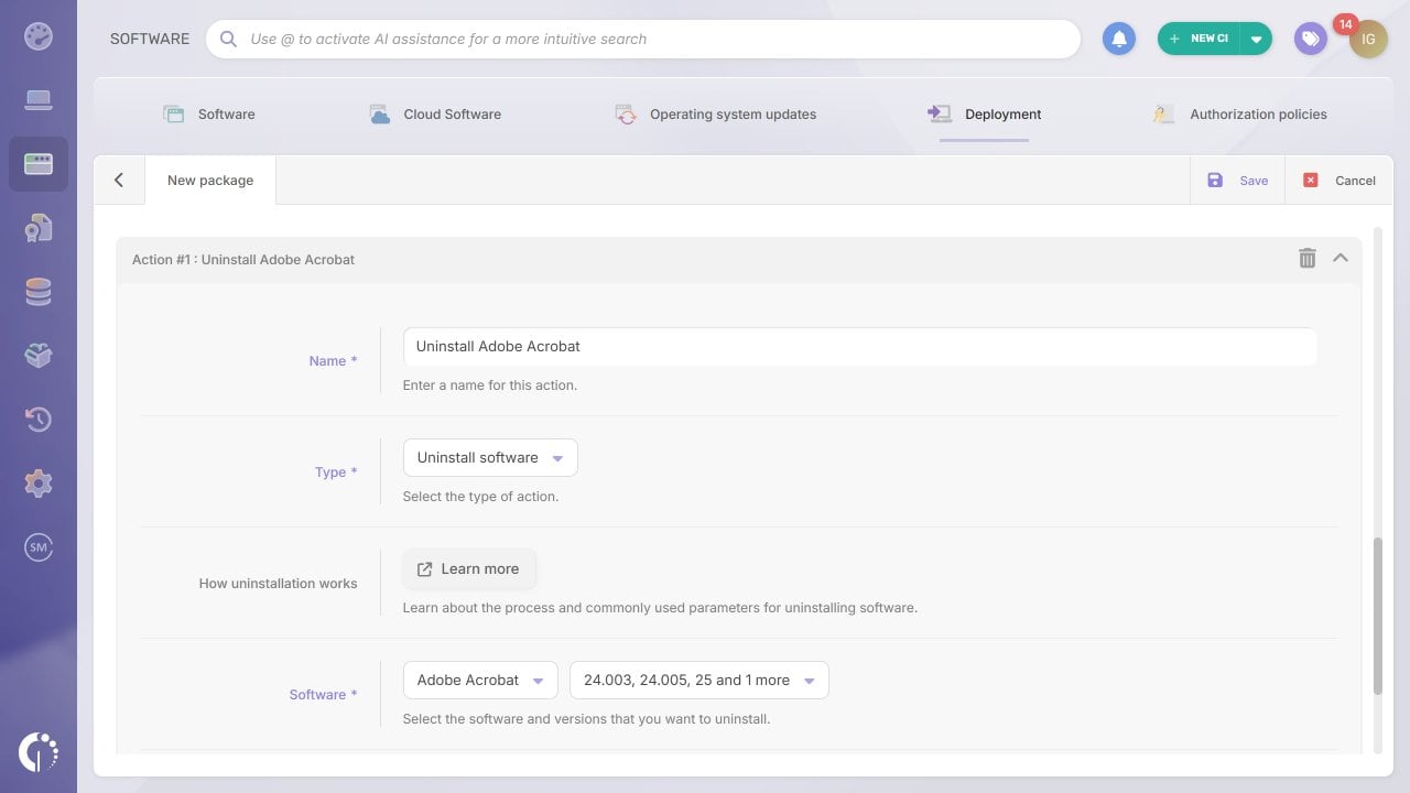 Captura de pantalla de InvGate Asset Management con el paso 2 para detectar y desinstalar versiones deprecadas de Adobe 2020.