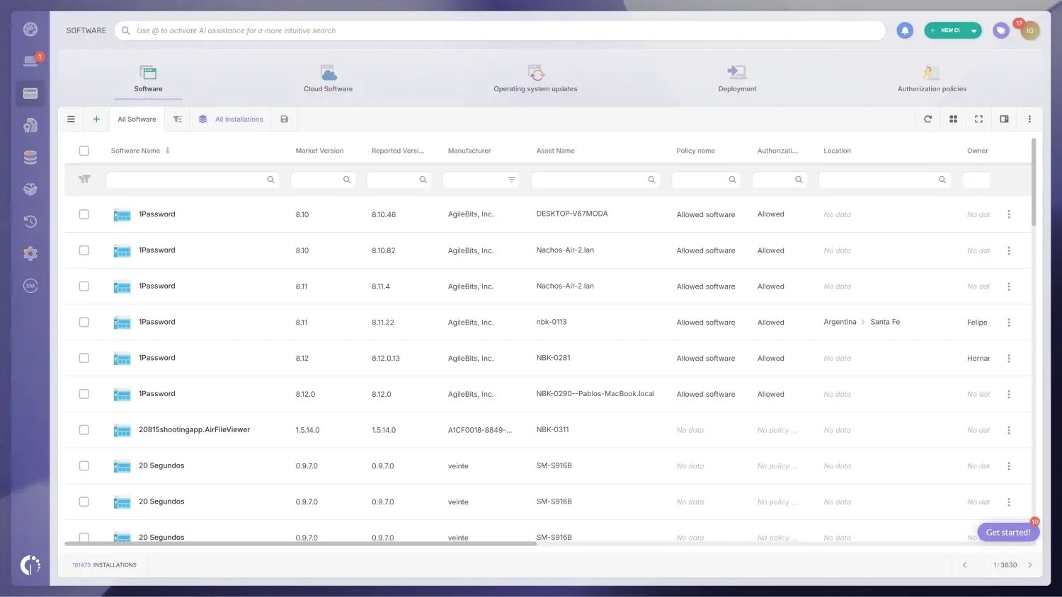 Explorador de software en InvGate Asset Management.