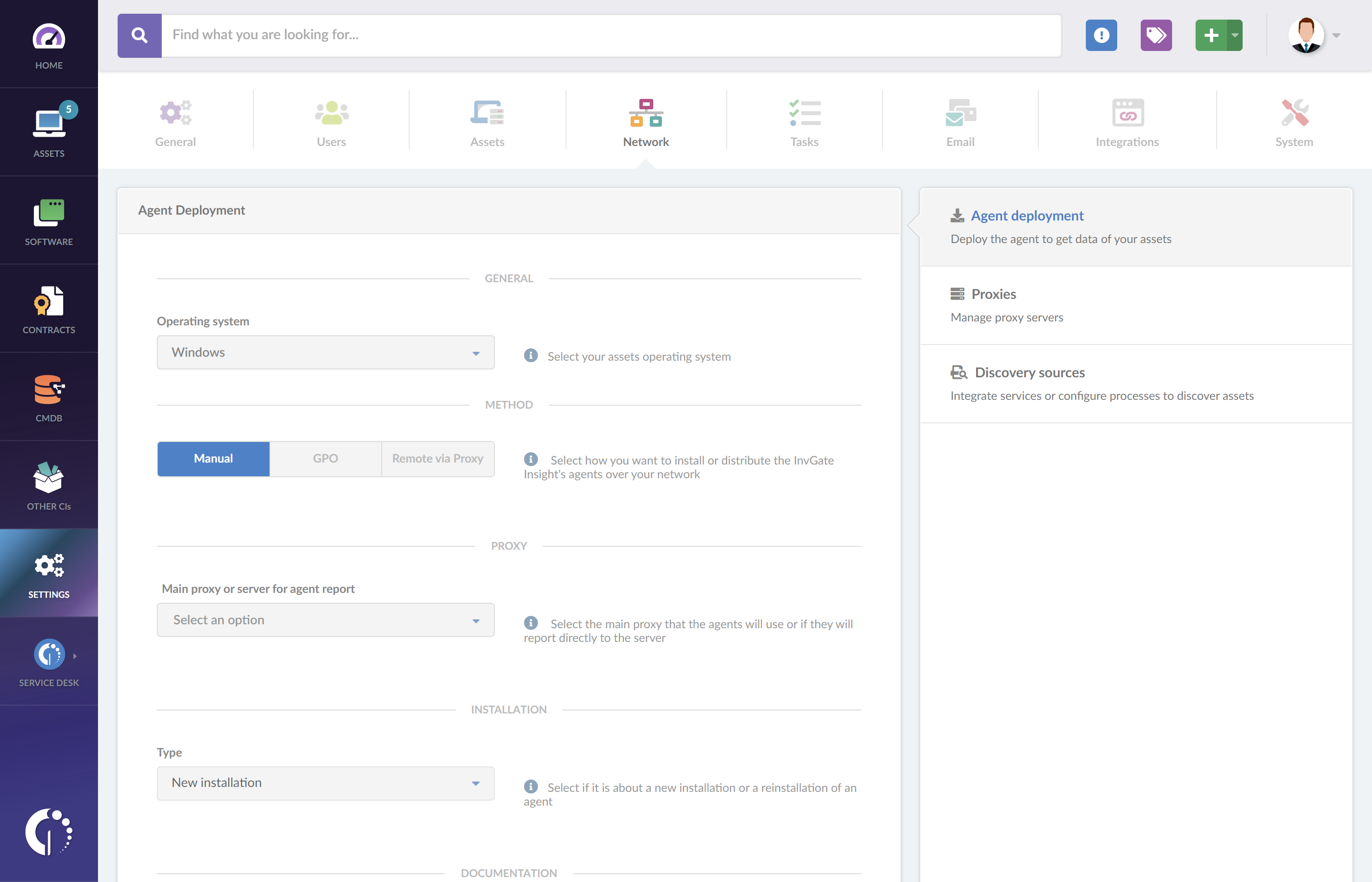 To install InvGate Insight's Agent manually, you’ll need to go to Settings >> Network >> Agent deployment.