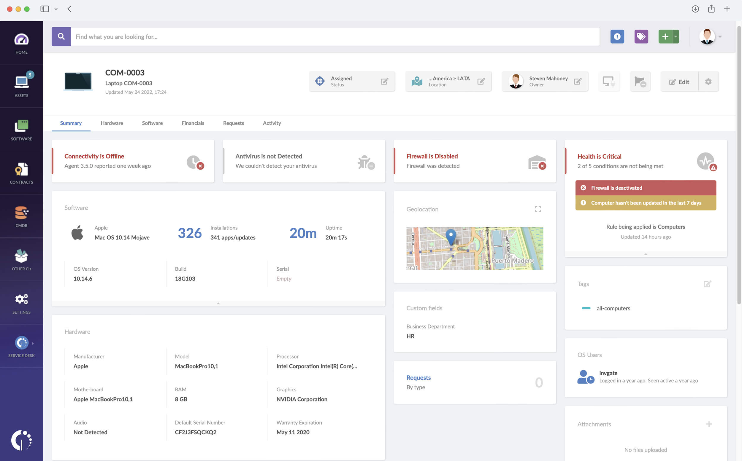 Asset view on InvGate Insight with software, hardware, and geolocation data.