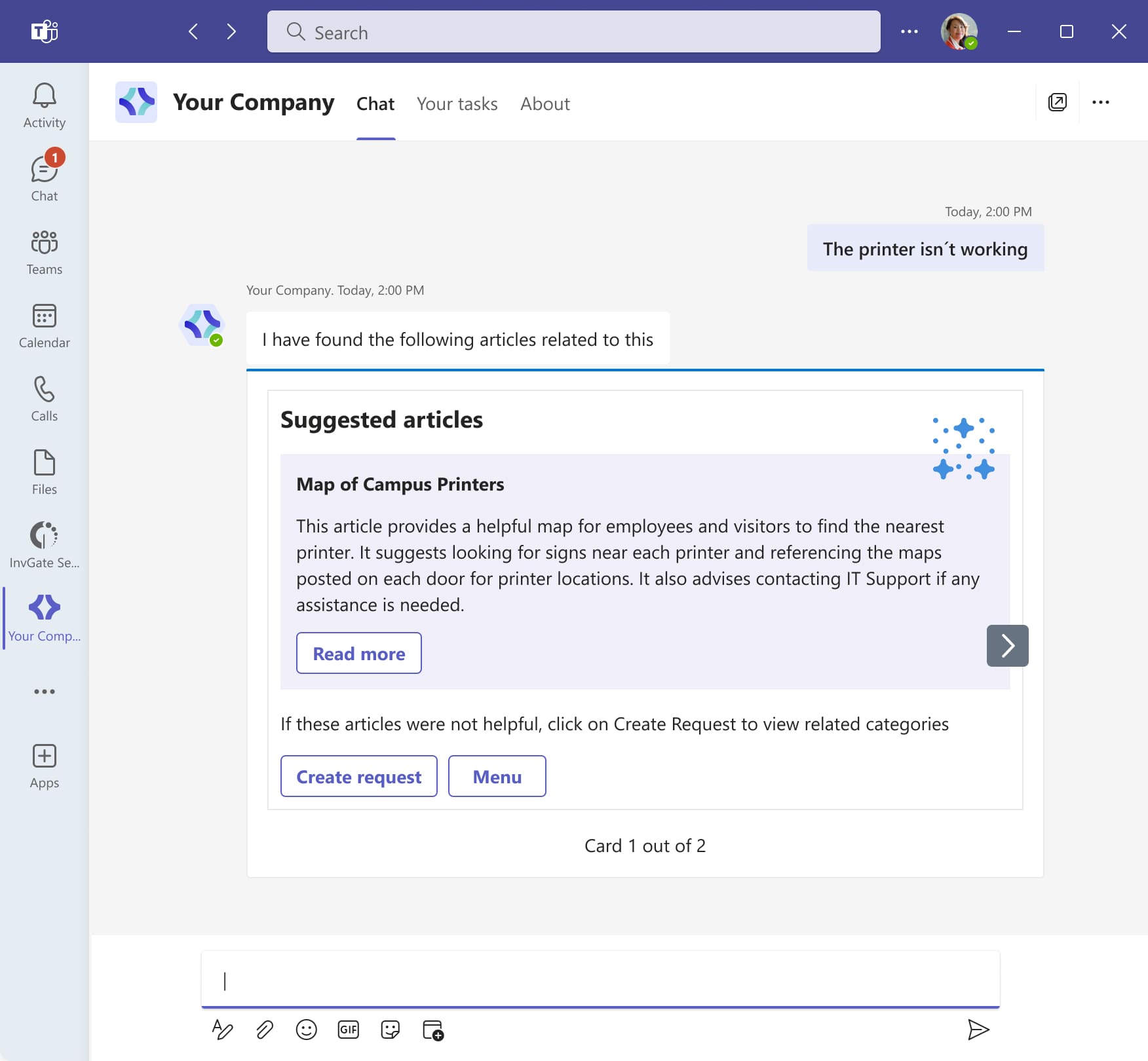 Example of a knowledge base article summary on Microsoft Teams with InvGate Service Desk's Virtual Agent AI capabilities.