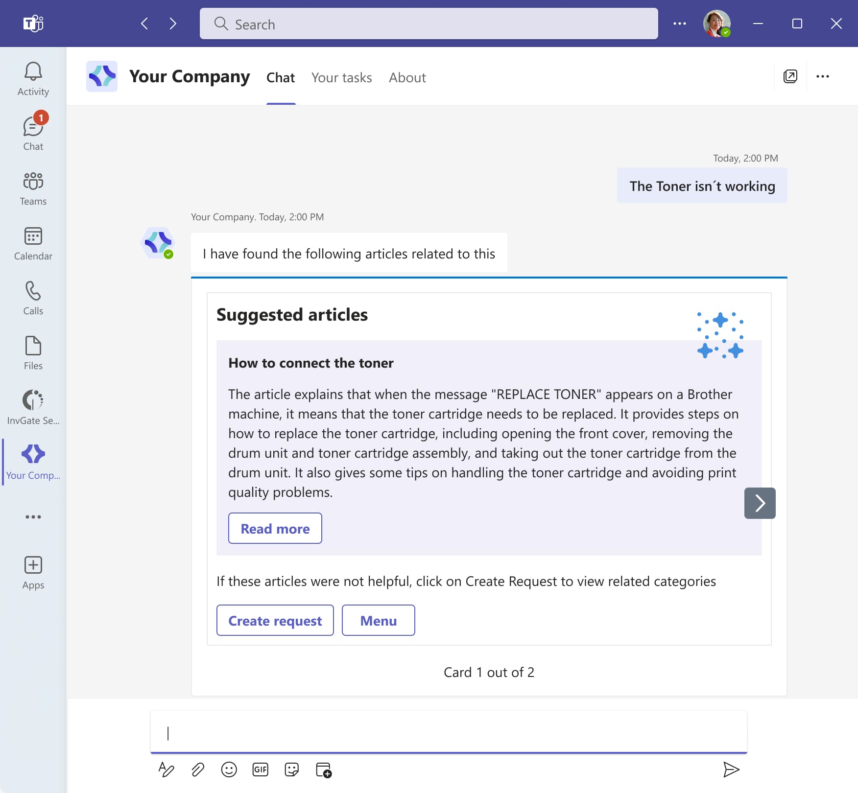 Example of a knowledge base article summary on Microsoft Teams with InvGate Service Desk's Virtual Agent AI capabilities.