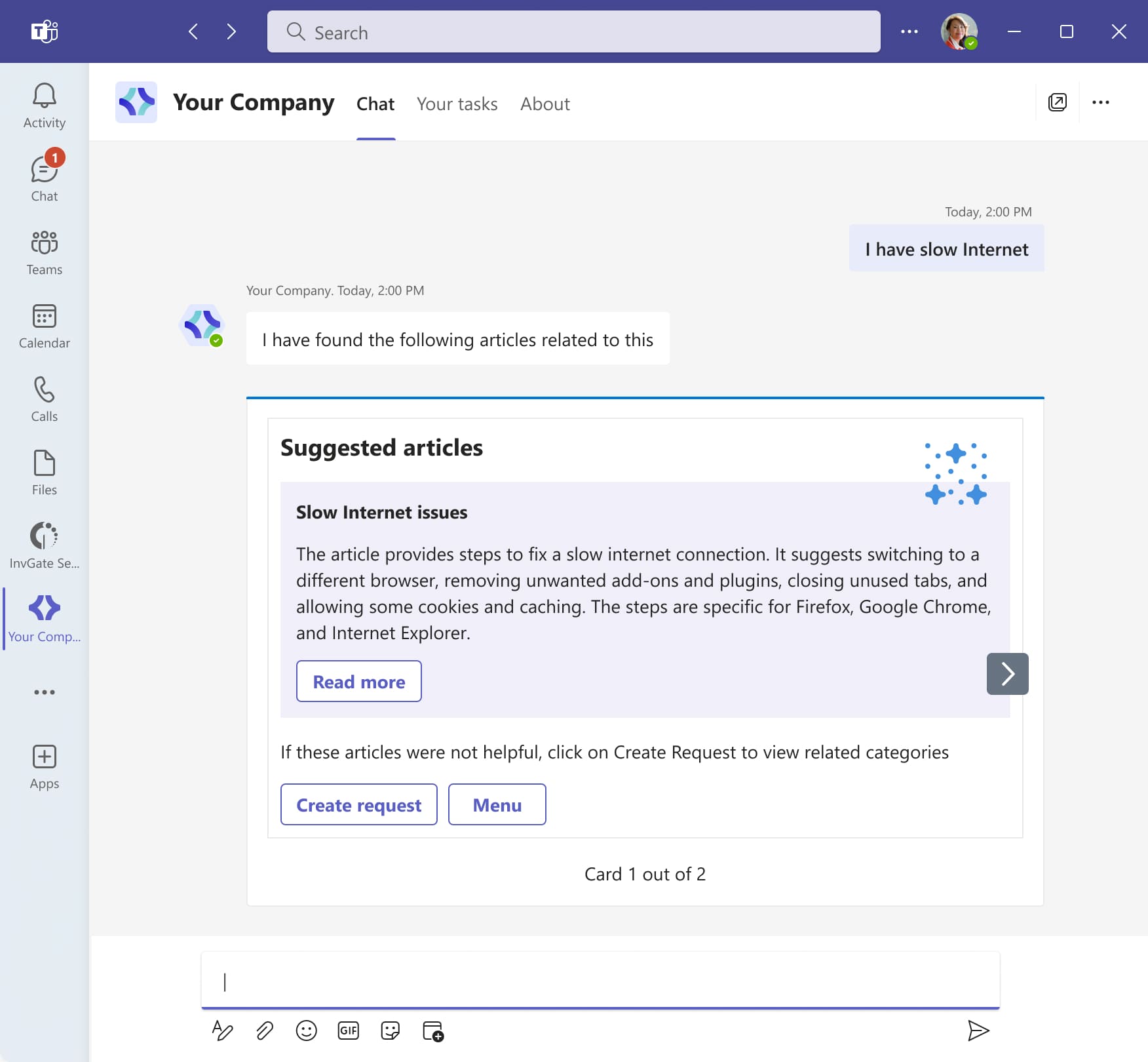 Example of a knowledge base article summary on Microsoft Teams with InvGate Service Desk's Virtual Agent AI capabilities.