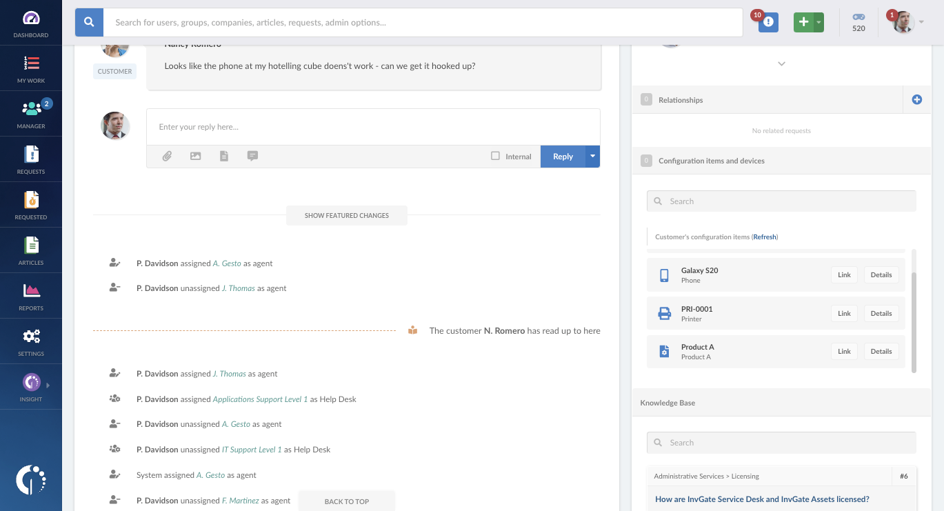 InvGate Service Desk's customer view with the products customers have to help agents provide a personalized support.