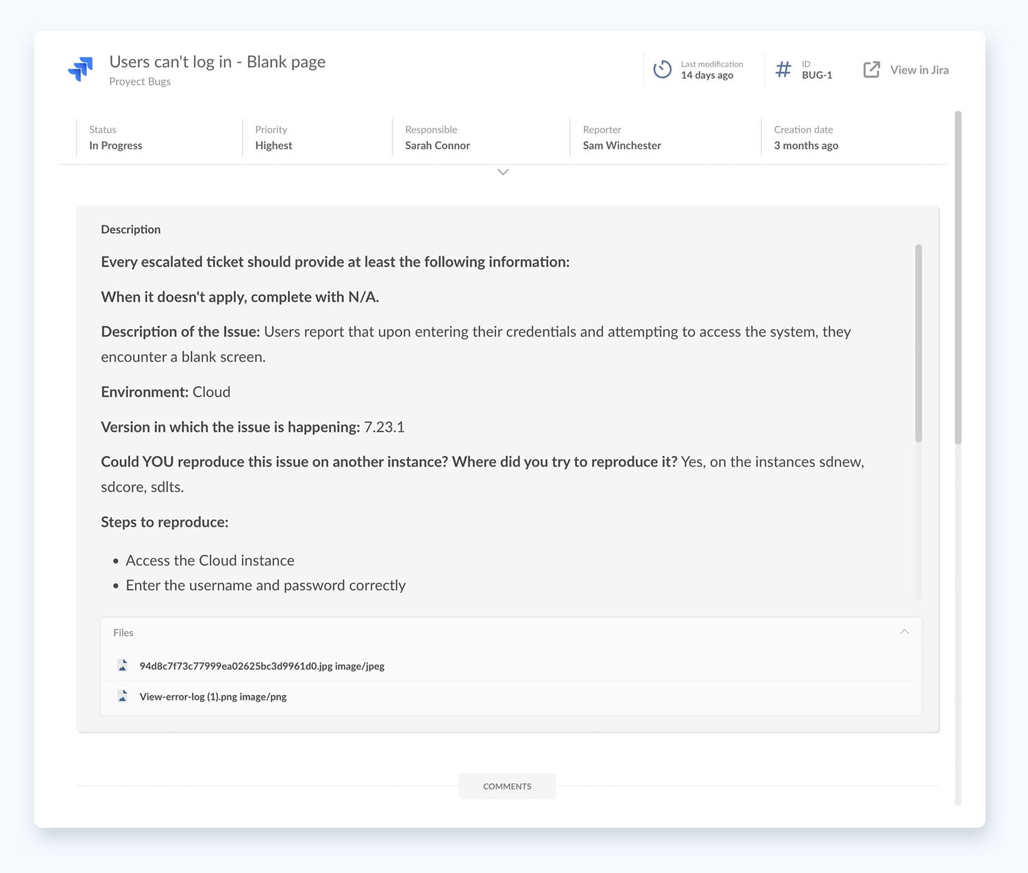 This is how a Jira issue is displayed with the InvGate Service Desk and Jira integration.
