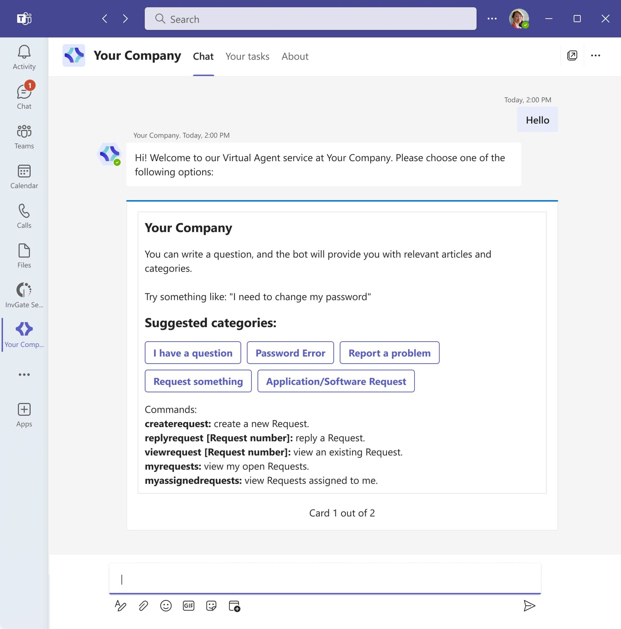 The InvGate Service Desk and Microsoft Teams integration leverages our Virtual Agent and provides you with AI capabilities.