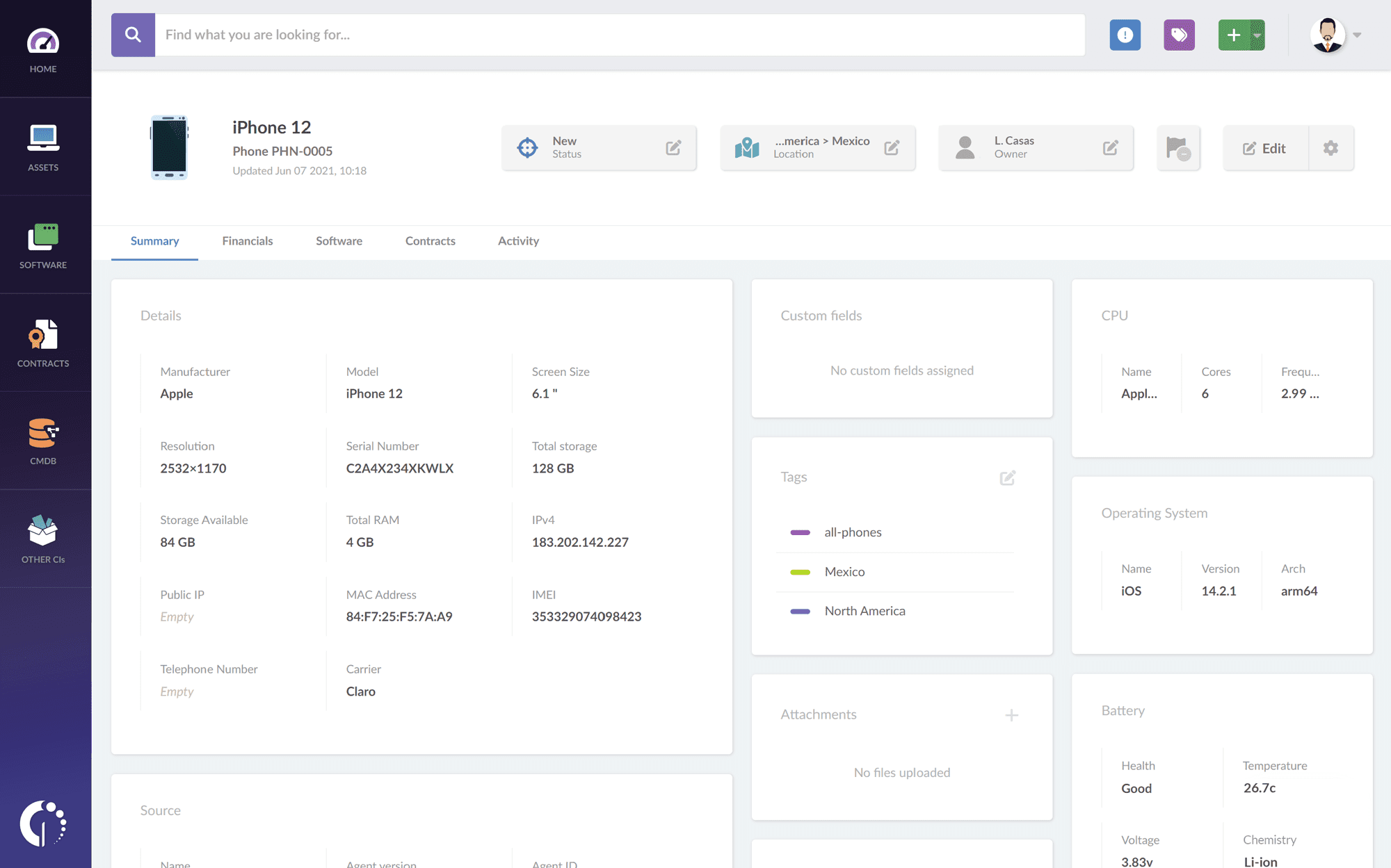 iOS device profile on InvGate Insight, showing how the InvGate Insight and Jamf integration works.