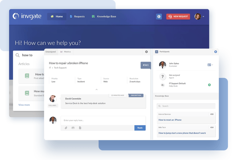 Ejemplo de cómo se incluyen los artículos de la base de conocimientos en la vista de solicitudes en InvGate Service Management.