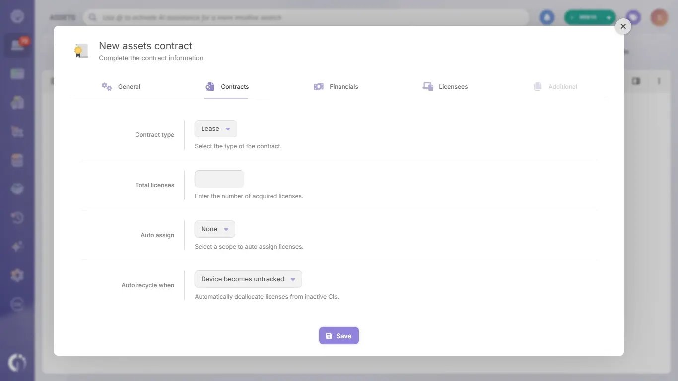 Creating a lease contract for DaaS devices in InvGate Asset Management.