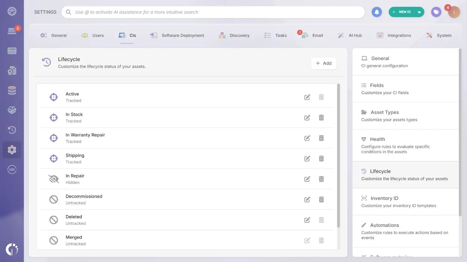 Screenshot showing an example of asset lifecycle status in InvGate Asset Management.