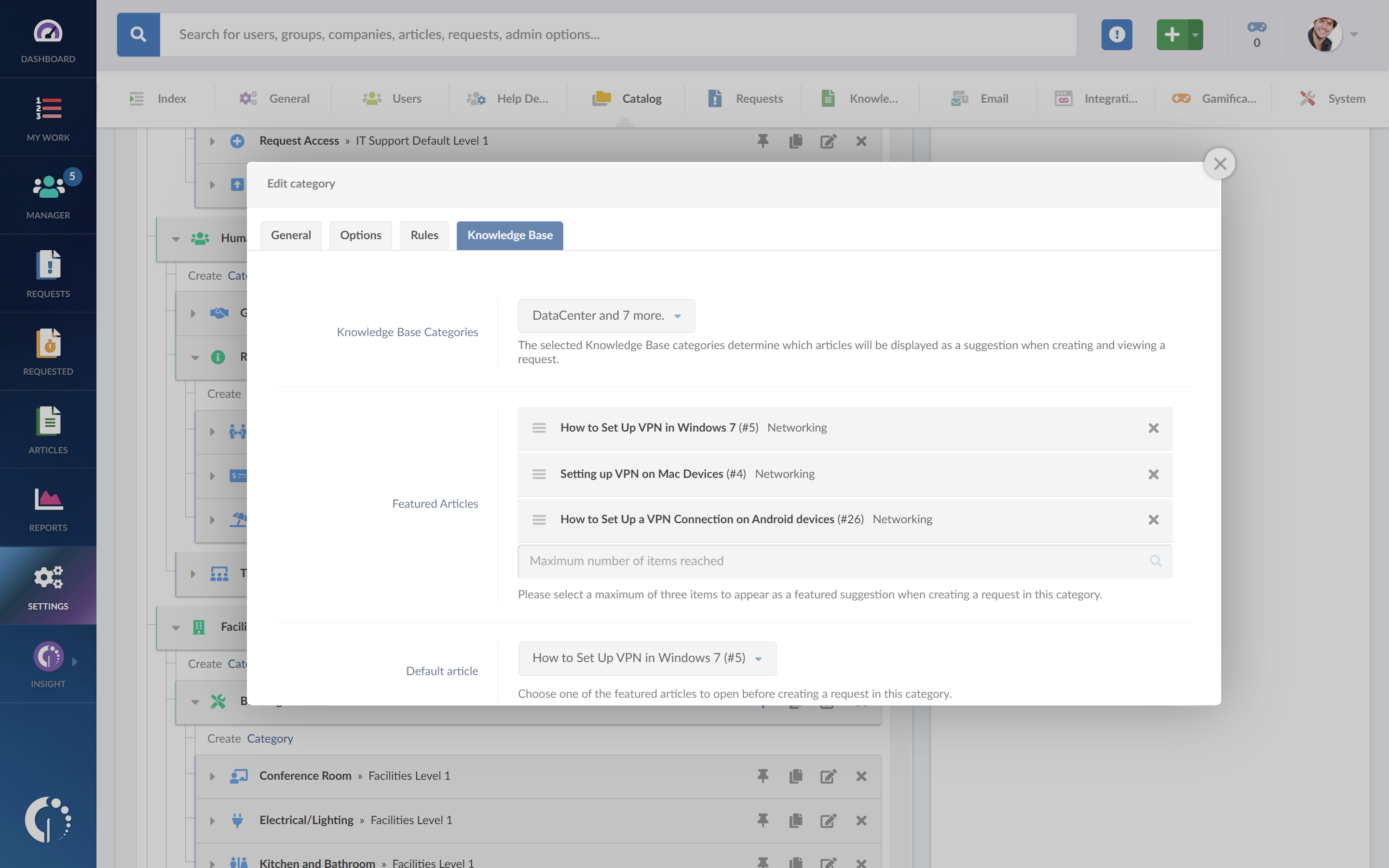 How to link a knowledge base article to a request on your service desk catalog