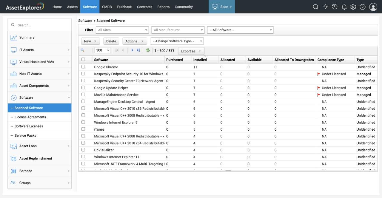 Interfaz de Manageengine AssetExplorer.