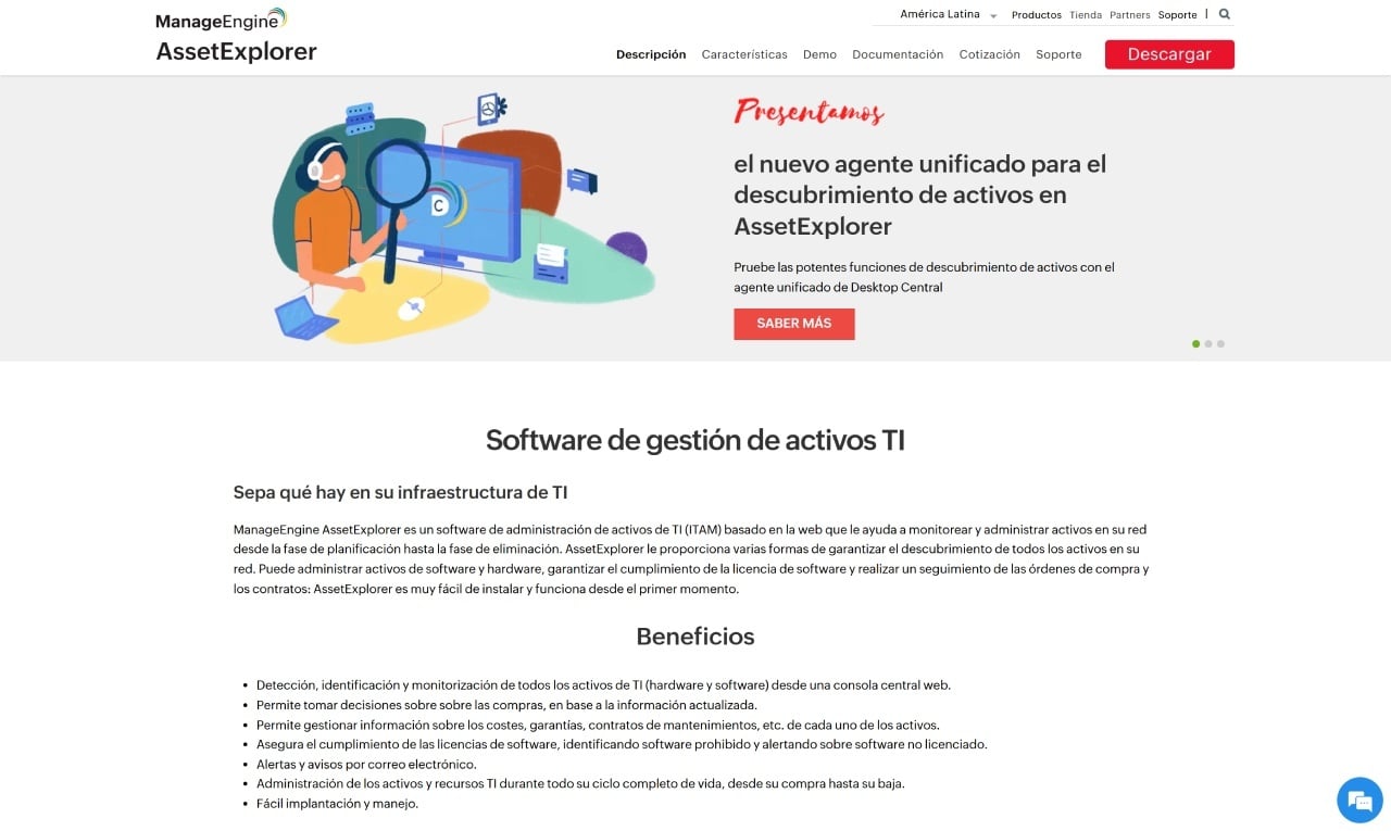 Captura de pantalla del sitio web de ManageEngine Asset Explorer Latam.