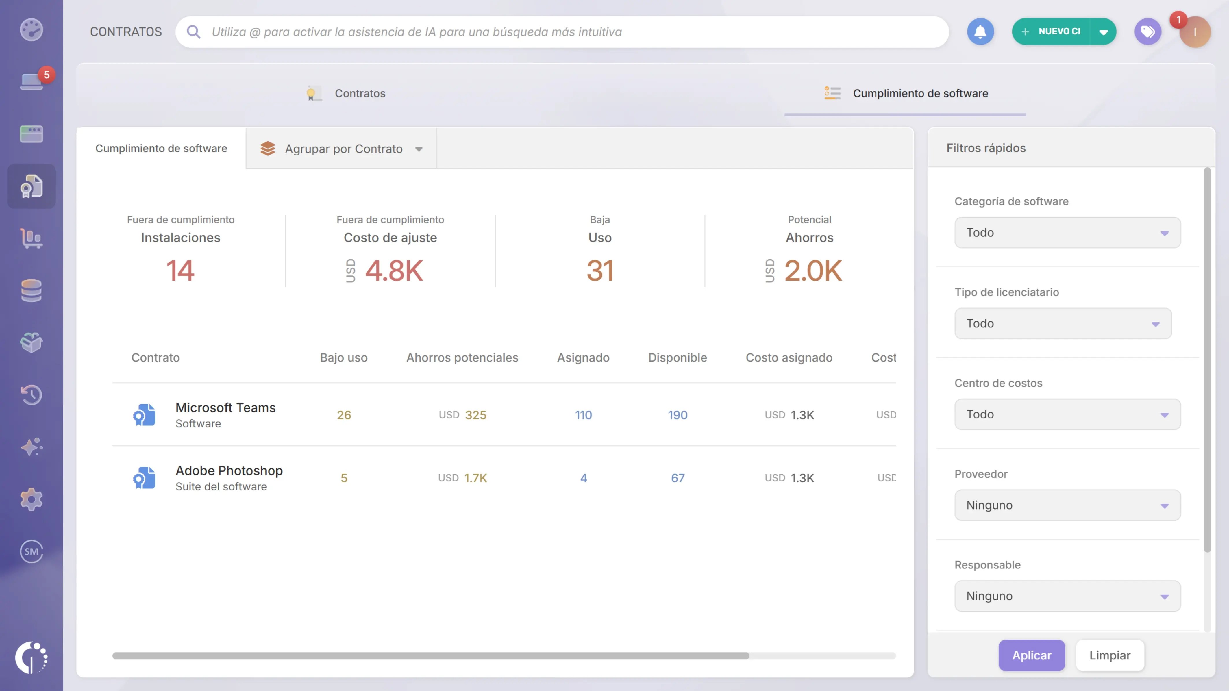 Módulo de Cumplimiento de software en InvGate Asset Management.