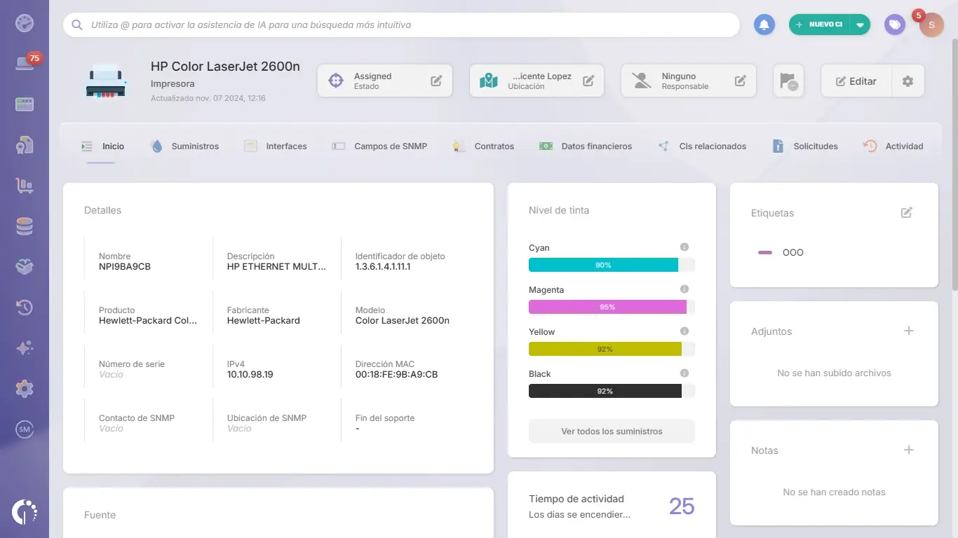 Niveles de tinta en InvGate Asset Management. 