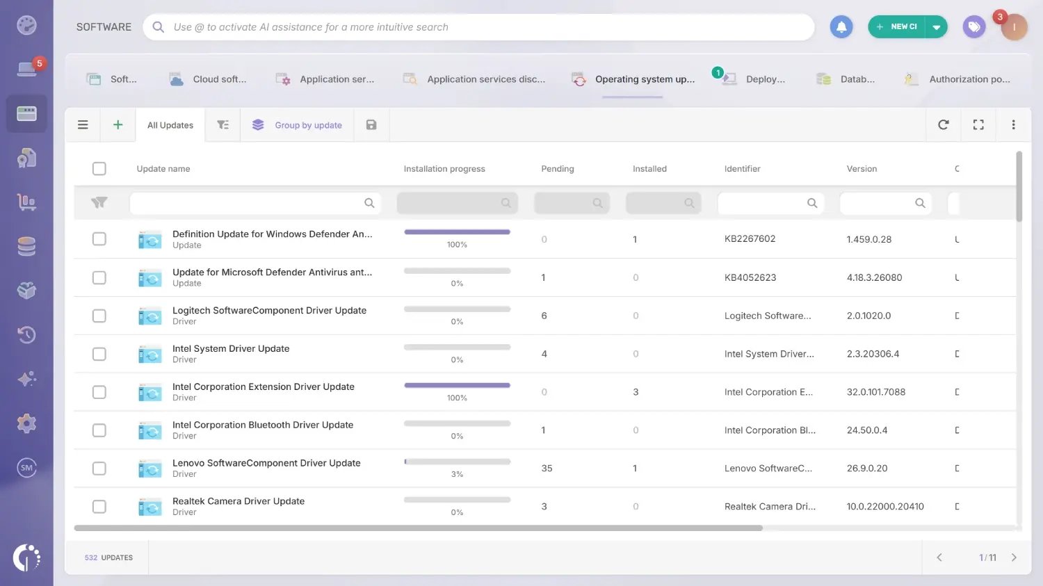 OS Windows updates tab in InvGate Asset Management. 