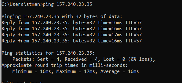 Ping command syntax example 2 (destination: 157.240.23.35).