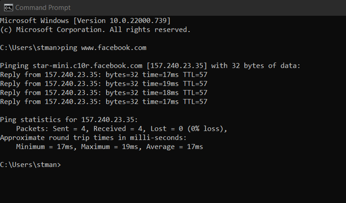 Ping command syntax example 1 (destination: Facebook).