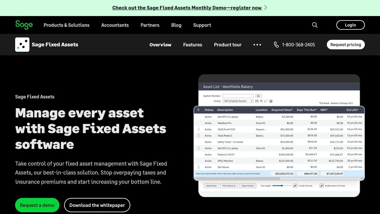 Sage Fixed Assets software - Website screenshot.