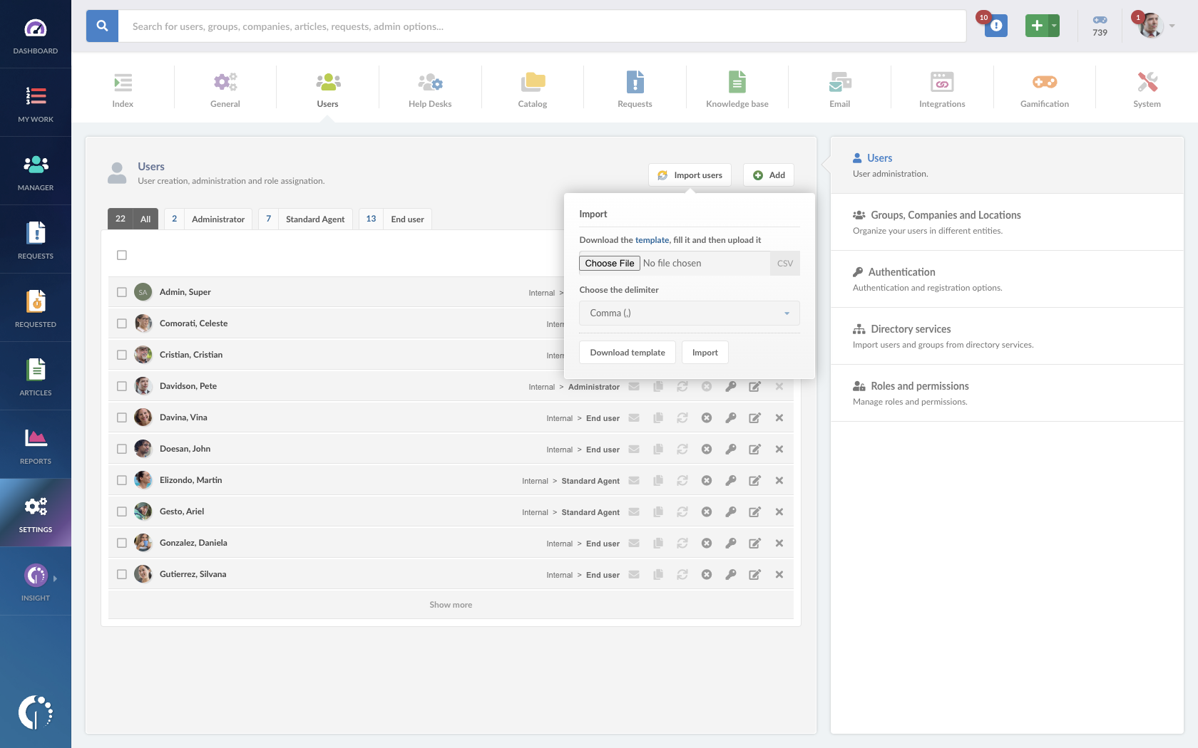 Manually importing users into InvGate Service Desk.