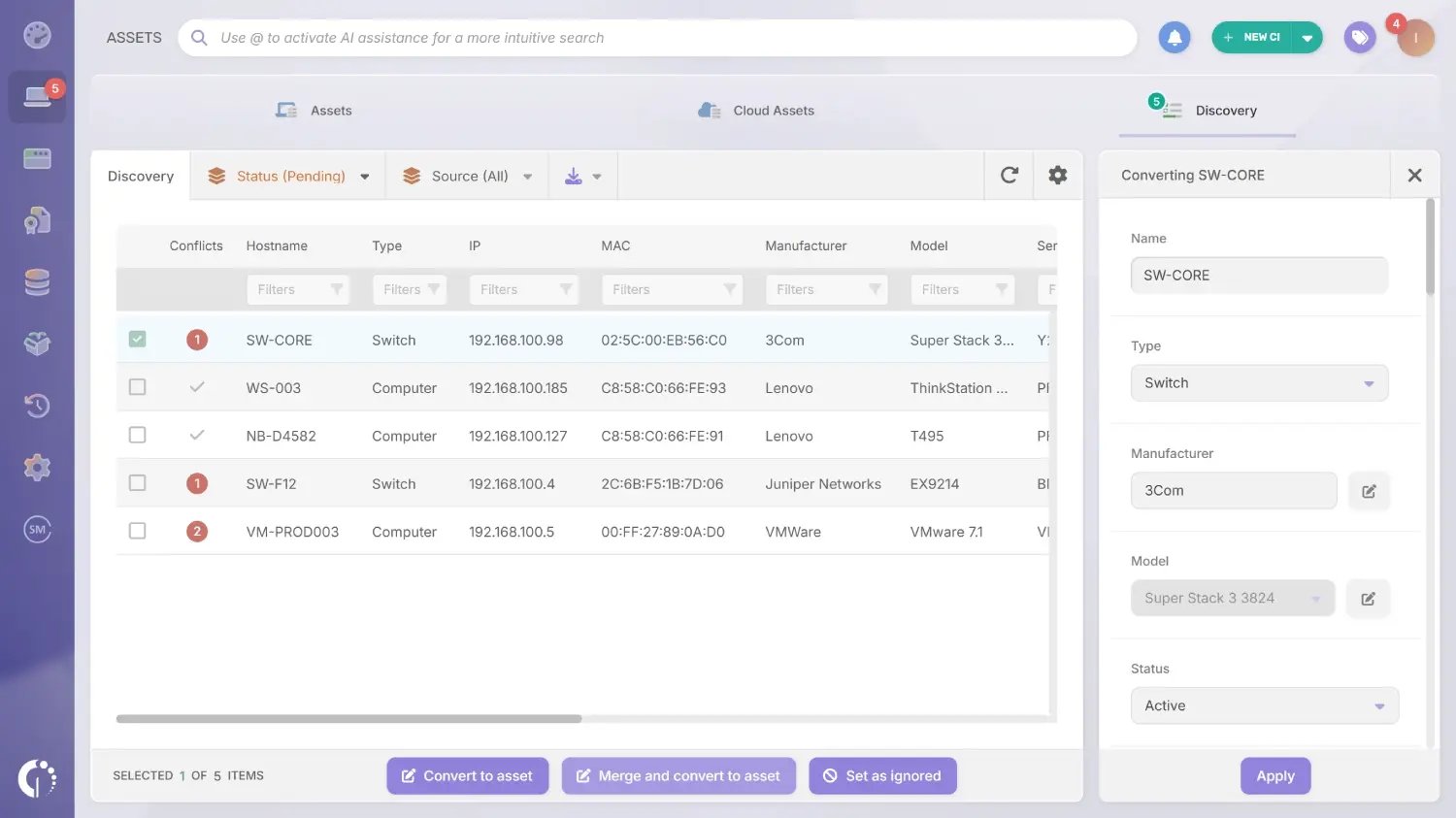 Selecting assets in Discovery in InvGate Asset Management.
