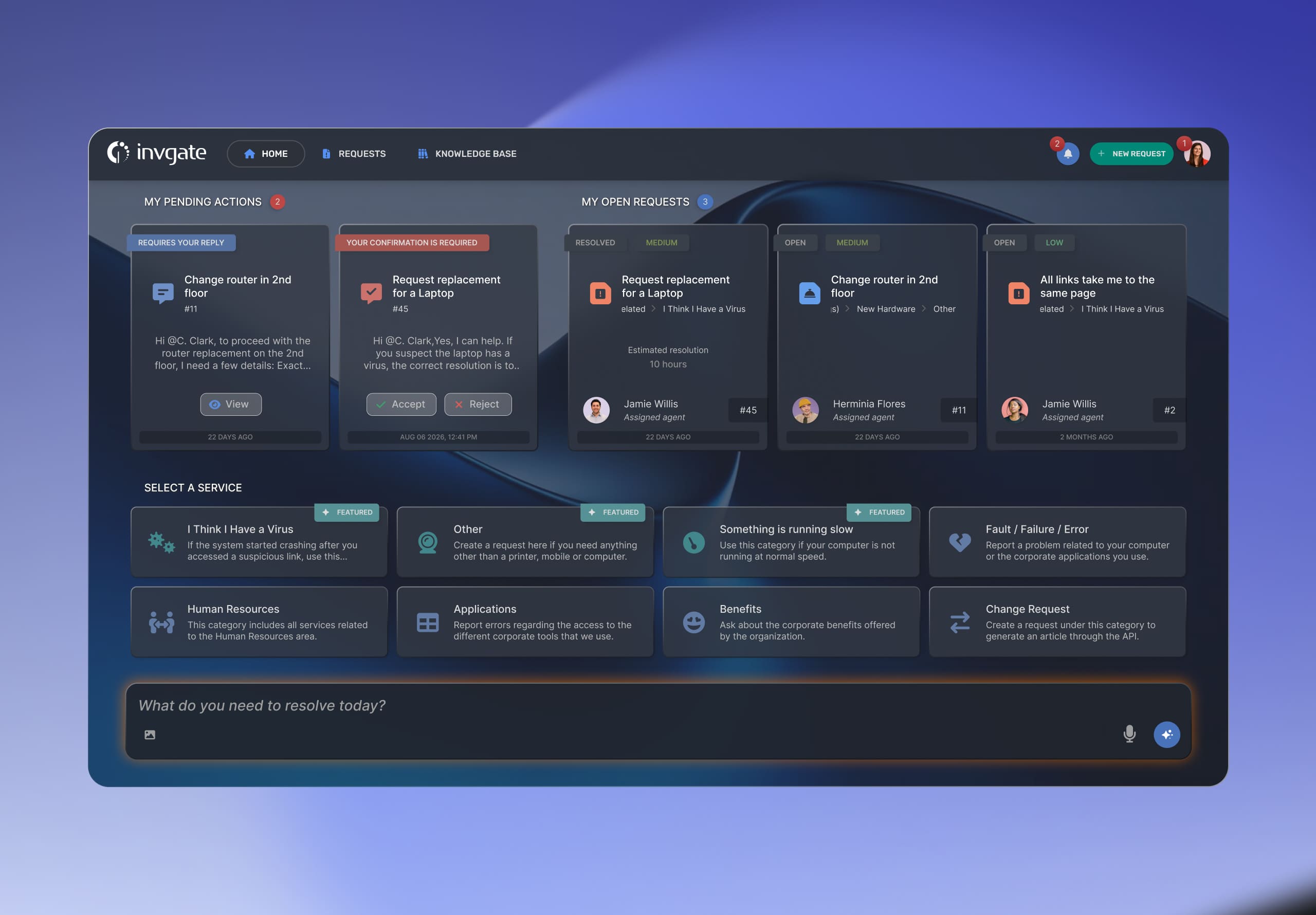 Redesigned self-service portal home in InvGate Service Management with Pending Actions and Open Requests cards