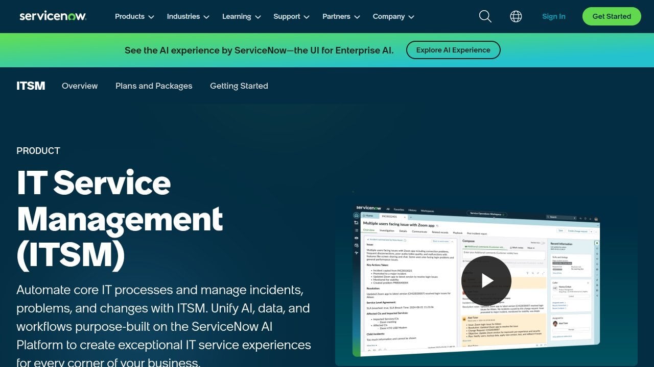 ServiceNow ITSM website's screenshot.