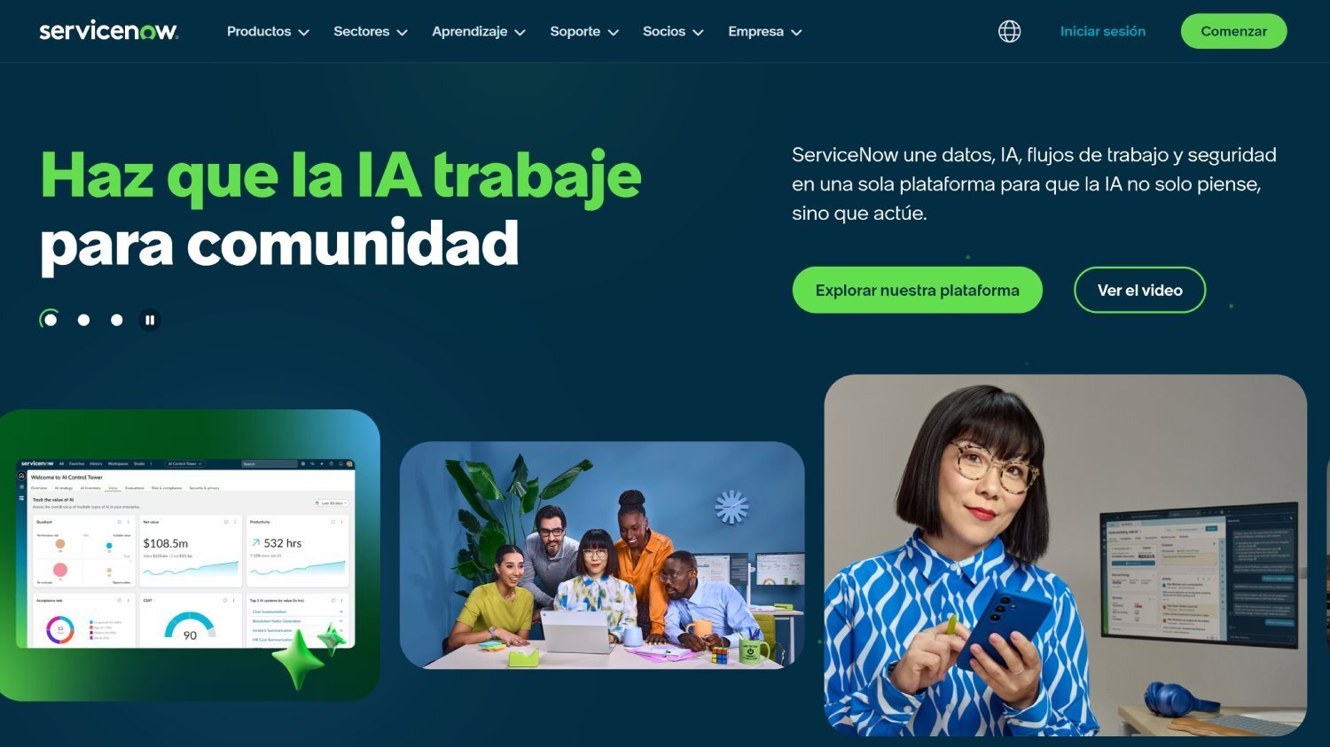 Screenshot del sitio web de ServiceNow.