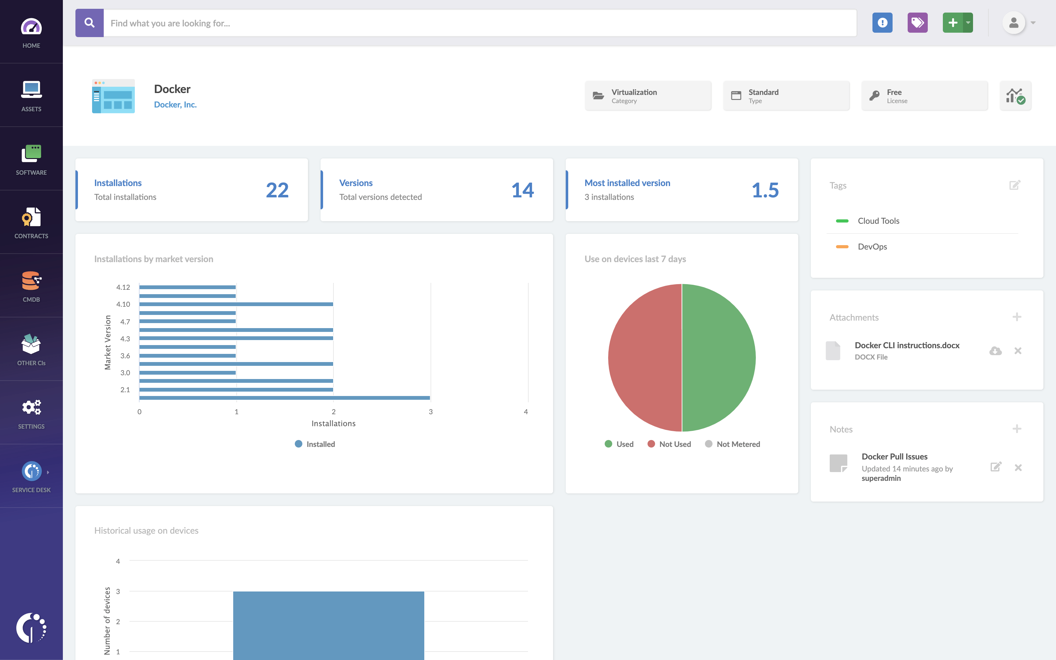 When using InvGate Insight as your software asset management solution, you'll be able to see these software details: the number of installations, software version, and software usage in the last seven days, to name a few.