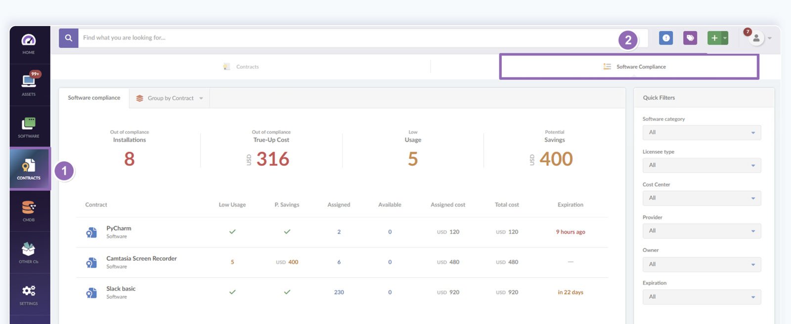 InvGate Insight’s Software Compliance module combines data from the contracts logged on your instance with the reported software usage.