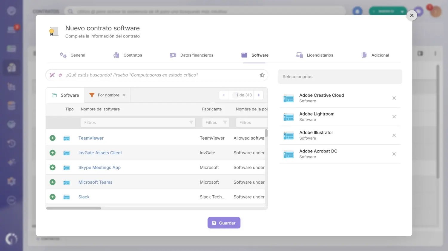 Asociar software a contrato en InvGate Asset Management. 