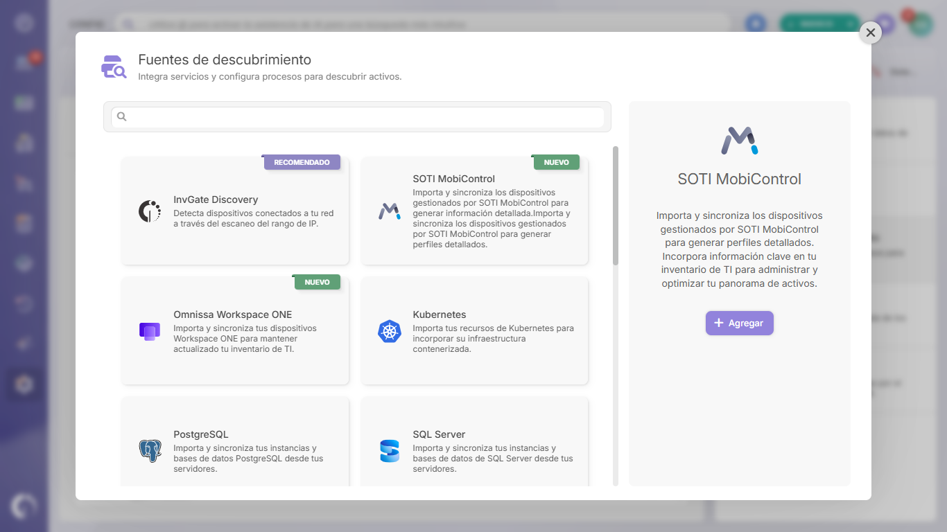 SOTI MobiControl, como fuente de descubrimiento en InvGate Asset Management. 