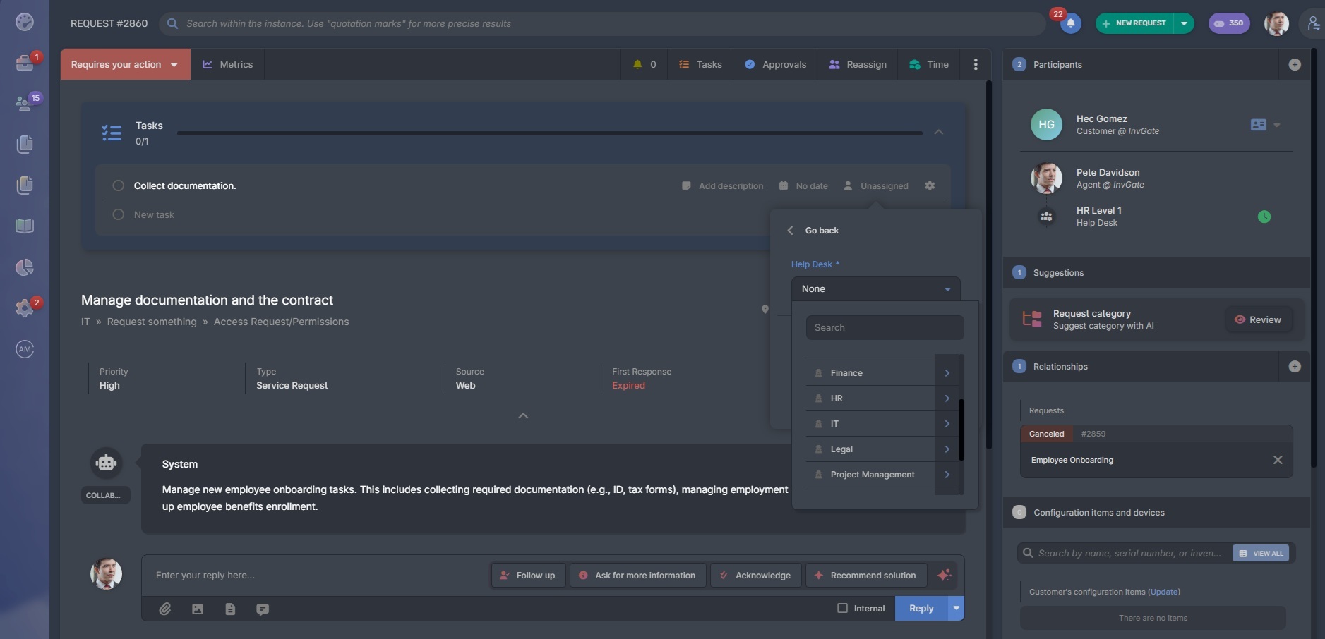 Screenshot of tasks in tickets view in InvGate Service Management