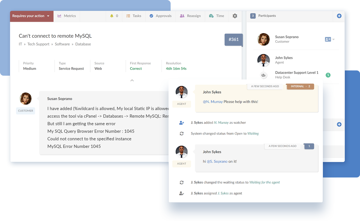 Ticket Management view on InvGate Insight where an Agent interacts with the end user.