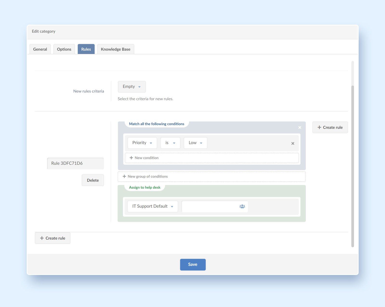 InvGate Service Desk allows you to configure rules so that tickets are routed to the right help desk.