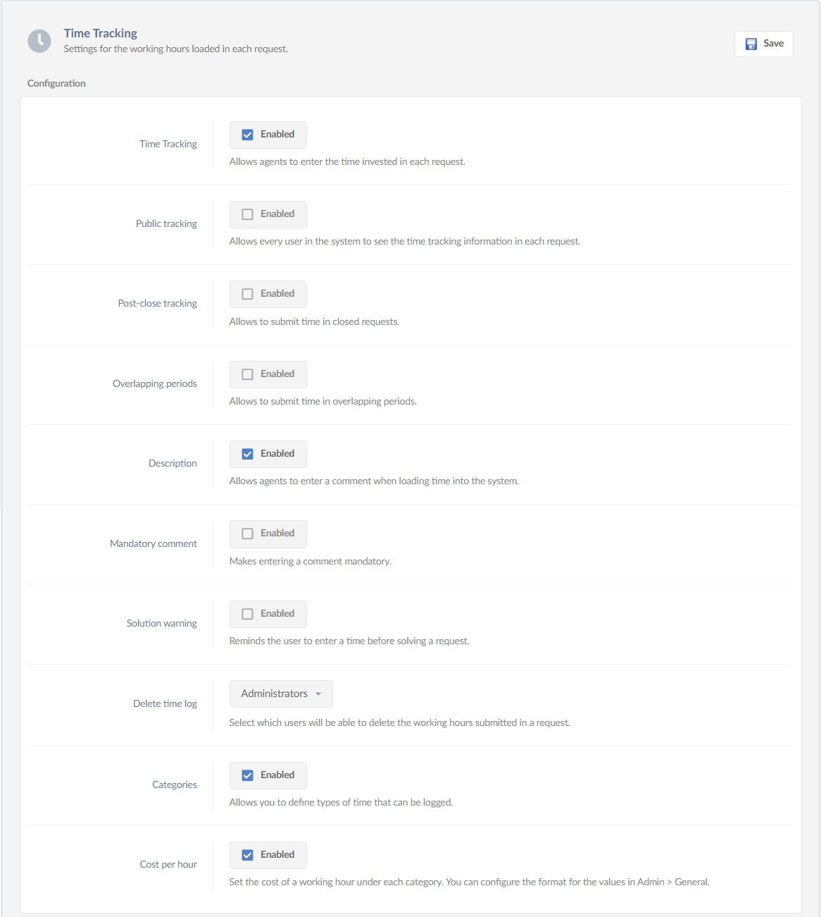 Time tracking settings on InvGate Service Desk.