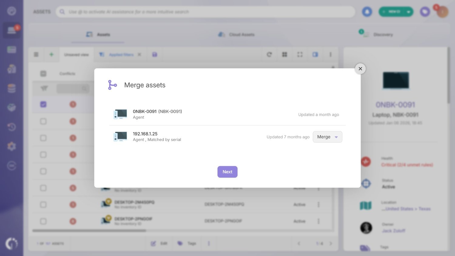 Merging assets in InvGate Asset Management.