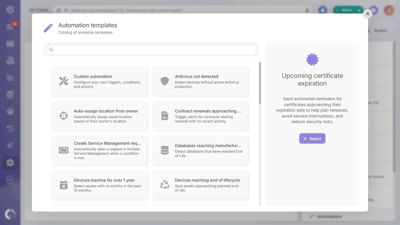 Upcoming certificate expiration template in InvGate Asset Management. 