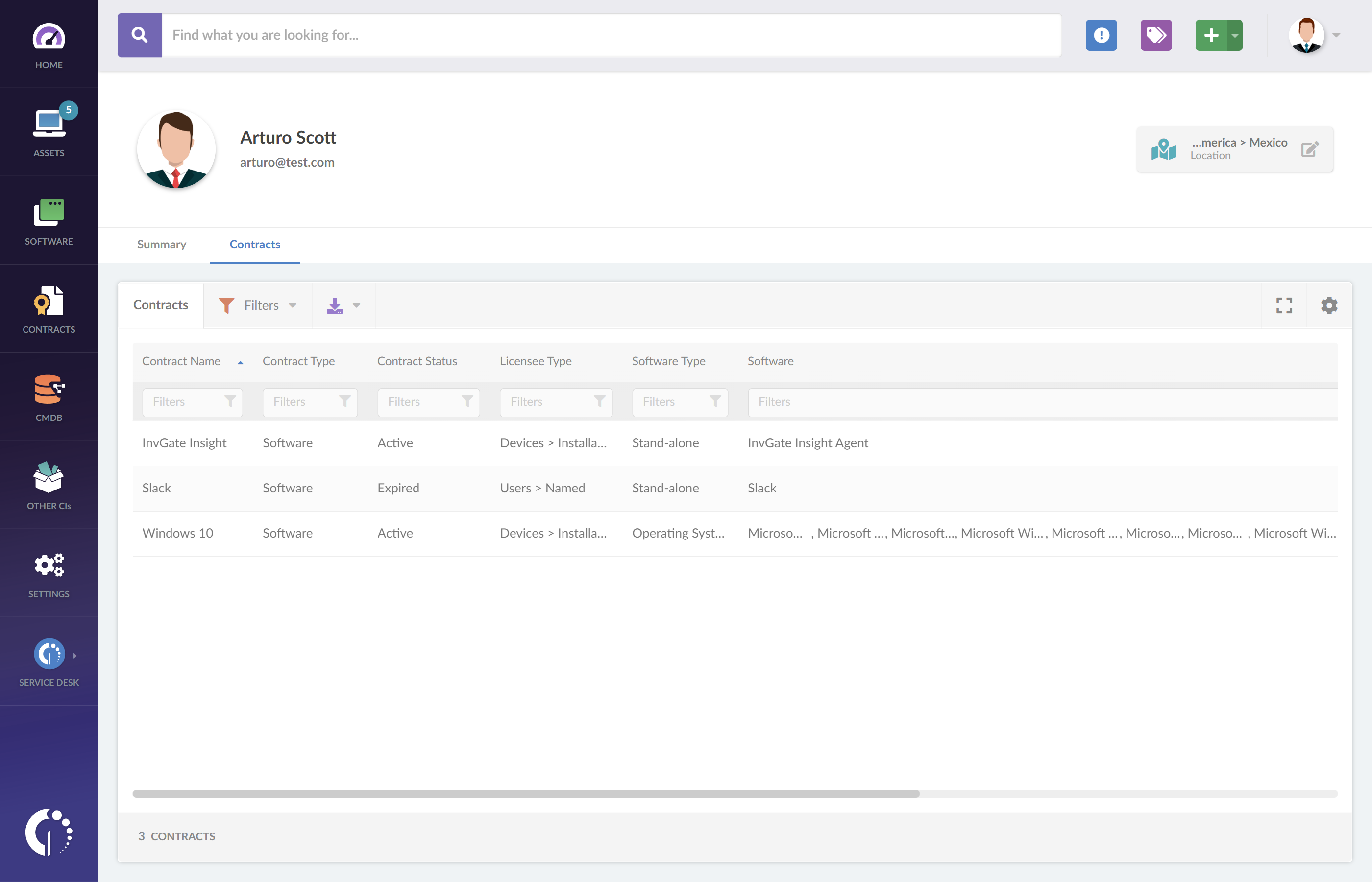 What's new with InvGate Insight: see the contracts related to each user.