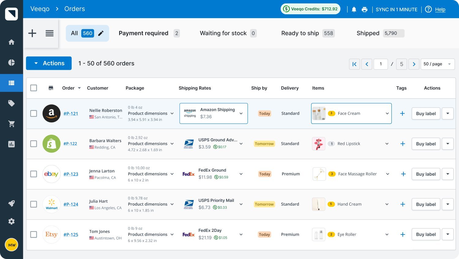 Veeqo's interface. 
