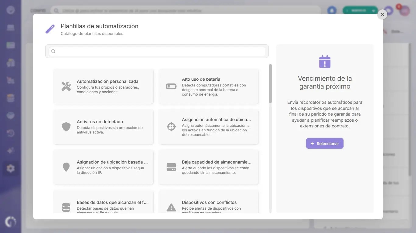 Vencimiento de garantia en InvGate Asset Management.