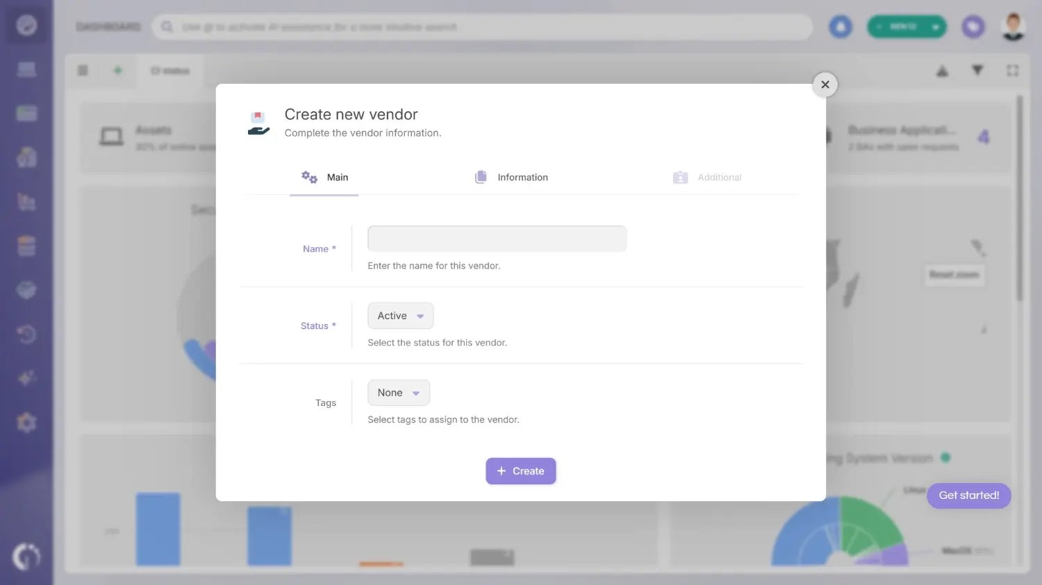 Creating a vendor in InvGate Asset Management.